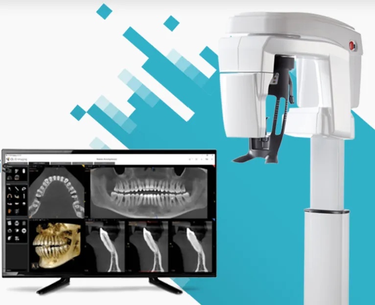 Appareil de radiographie 3D CBCT et écran affichant des images panoramiques et volumiques.