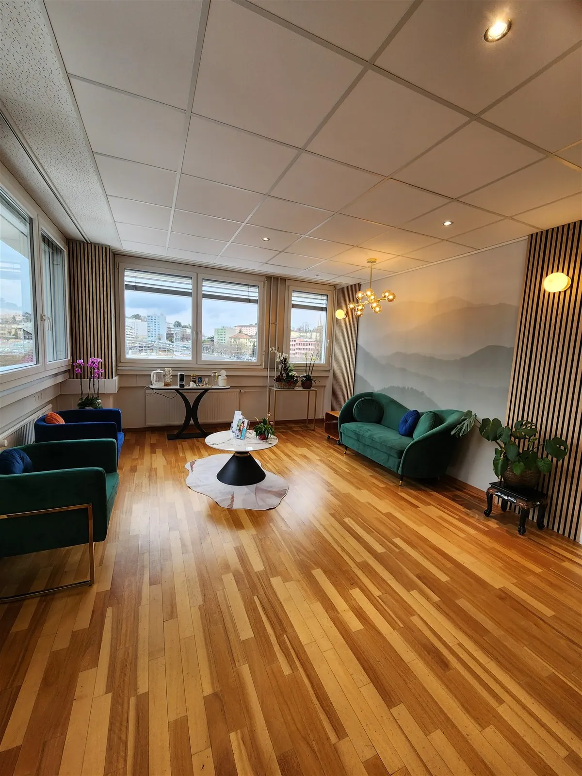 La salle d’attente : fauteuils en velours vert et bleu, parquet clair et grande fenêtre sur la ville.