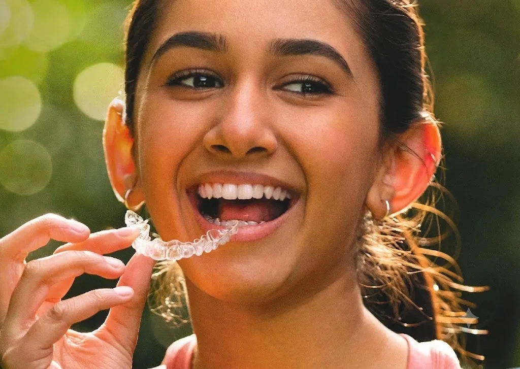 Jeune femme souriante tenant une gouttière transparente Invisalign.